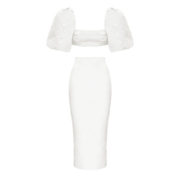 Puff-Sleeve Draped Jacquard Top And Jacquard Midi Skirt