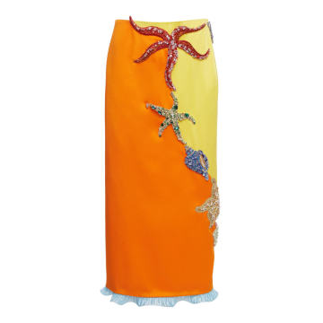 Starfish-Embellished Crepe Midi Skirt