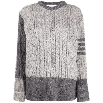 FUN MIX CABLE RELAXED FIT CREWNECK PULLOVER W/ 4 BAR IN MOHAIR TWEED
