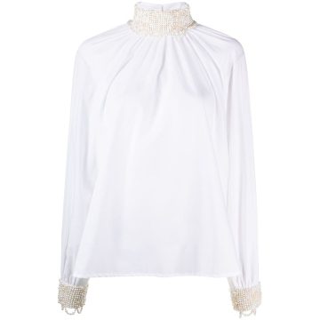 pearl embellished high-neck blouse