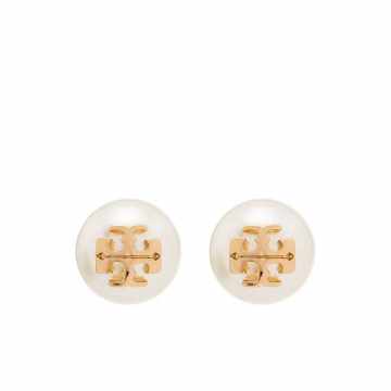 logo-plaque pearl stud earrings