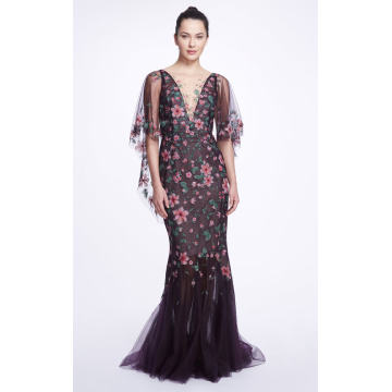 Floral Embellished Silk-Chiffon Capelet Gown