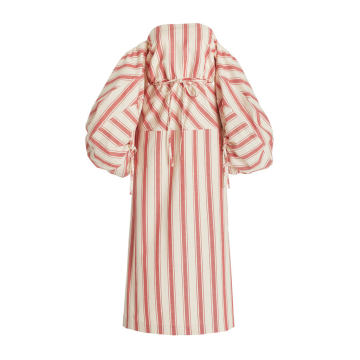 Balloon-Sleeve Striped Cotton Strapless Midi Dress