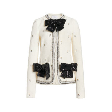 Bow-Detailed Embroidered Boucl�� Jacket