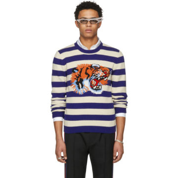 Blue & Beige Striped 'Loved' Tiger Sweater