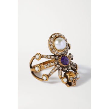 人造珍珠、水晶、金色戒指