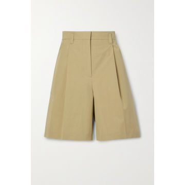 褶裥棉质混纺斜纹布短裤  