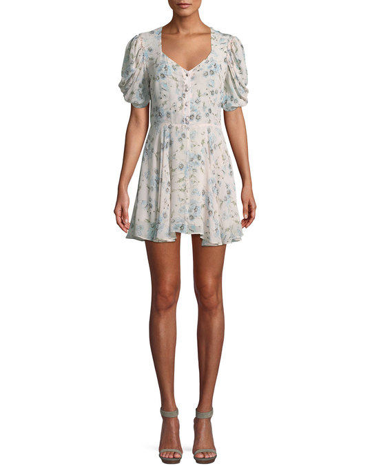 Cora Puff-Sleeve Floral Silk Mini Dress展示图