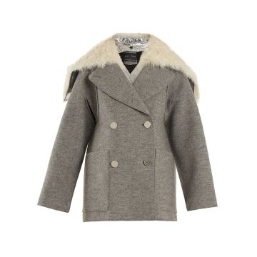 Faux fur-trimmed detachable-collar wool coat