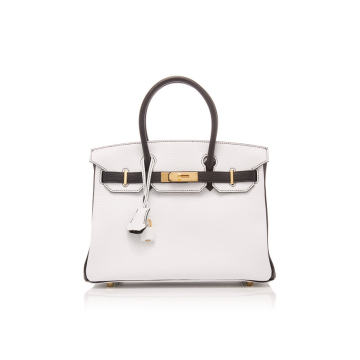 Hermes 30cm White and Black Clemence Leather Special Order Horseshoe Birkin Bag