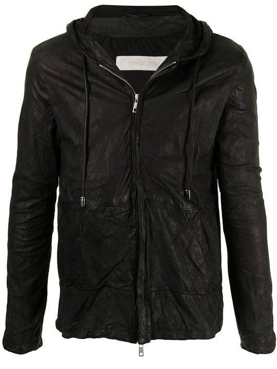 crinkled leather hooded jacket展示图