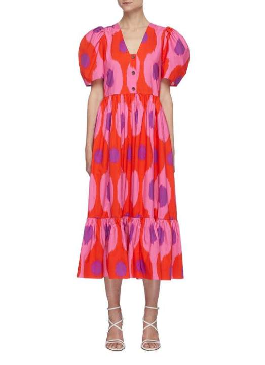 NISHA泡泡袖褶裥抽象花卉图案连衣裙展示图
