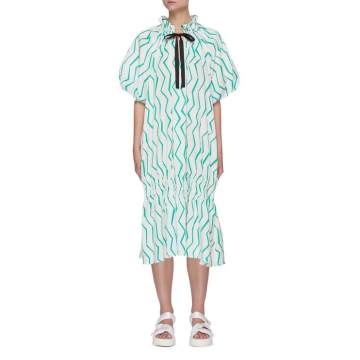 系带泡泡袖拼色折线图案纯棉连衣裙