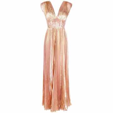 metallic pleated V-neck gown