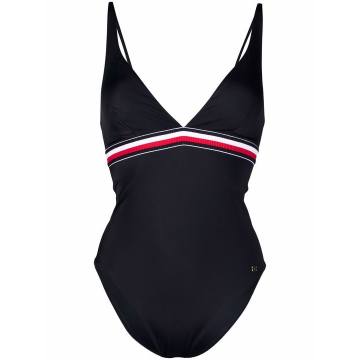 striped band plunge-neck swimsuit