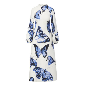 Butterfly Printed Wool-Silk Midi Dress