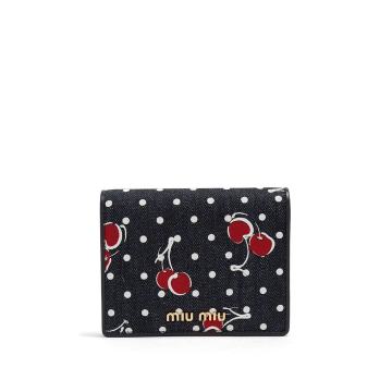 Cherry-print denim wallet