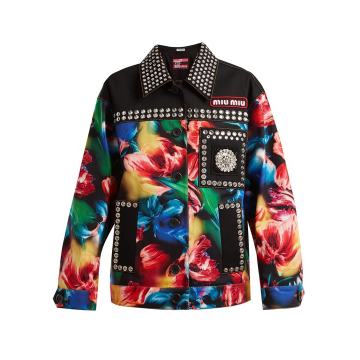 Flower-print embellished stretch-denim jacket