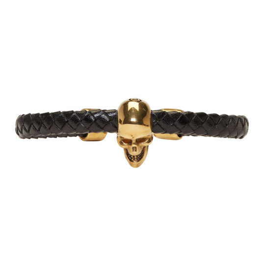 Black & Gold Braided Leather Skull Bracelet展示图