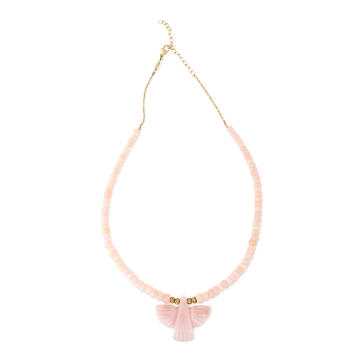 14K Yellow Gold Pink Opal Thunderbird & Pink Opal Beaded Necklace