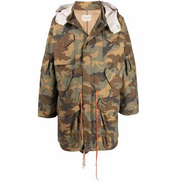 camouflage-print concealed-hood jacket