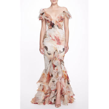 Floral Ruffled Trimmed Silk Gown