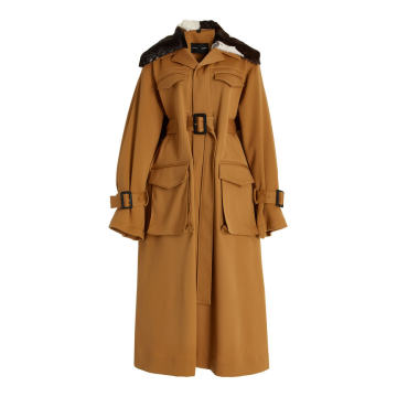 Belted Shearling-Trimmed Twill Trench Coat