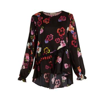 Darcey ruffle-trimmed pansy-print crepe top
