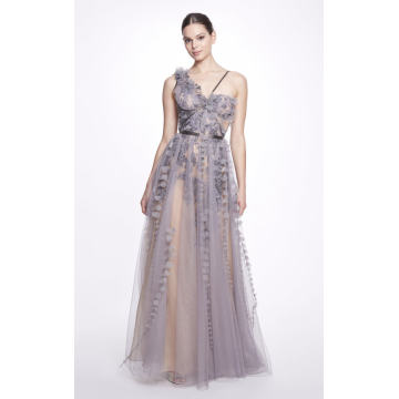 Embellished Asymmetric Tulle Gown