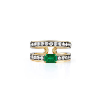 18K Yellow Gold Prive Zambian Emerald & Diamond Double Band Ring