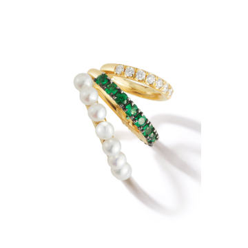 18K Yellow Gold Prive Pearl Emerald & Diamond Triple Earcuff