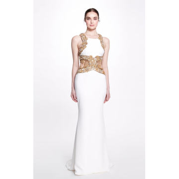 Embroidered-Trim Crepe Gown