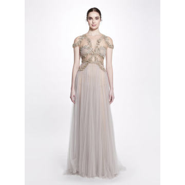 Embroidered Pleated Tulle Sleeveless Gown