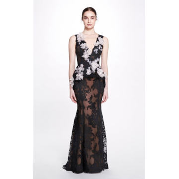 Petal-Embroidered Corded Lace Gown