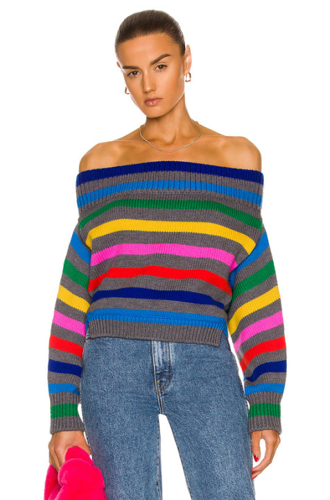 Cropped Stripe Off the Shoulder Sweater展示图