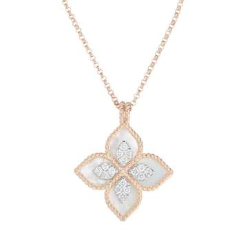PRINCESS FLOWER 钻石珍珠母贝红宝石点缀18K玫瑰金花卉造型项链