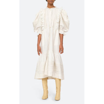 Kiara Puff-Sleeve Pintucked Cotton Midi Dress