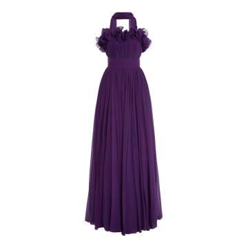 Scarf-Detailed Ruffled Silk Gown