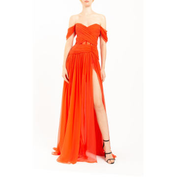 Off-The-Shoulder Draped Silk Chiffon Gown