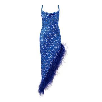 Crystal-Embellished Feather-Trimmed Midi Dress