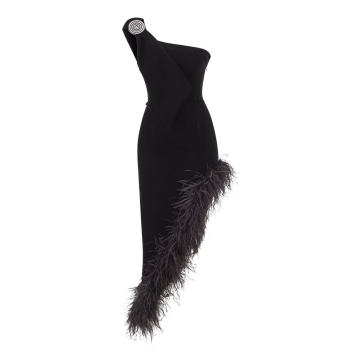 Feather-Trimmed Asymmetric Midi Dress