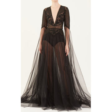 Embroidered Tulle Plunge Gown