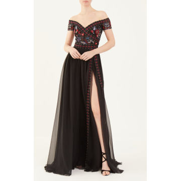 Embroidered Silk-Blend Gown