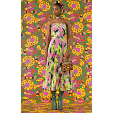 Floral Strapless Silk Midi Dress