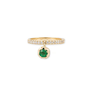 14k Gold Large Sophia Emerald Dangle Ring with Pave Band