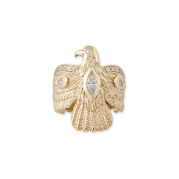 14k Gold  Pave Thunderbird Ring with Marquise Diamond Center