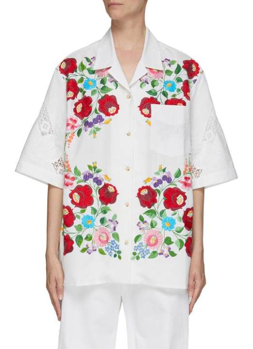 中性款花卉刺绣镂空设计短袖衬衫展示图