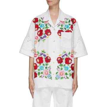 中性款花卉刺绣镂空设计短袖衬衫