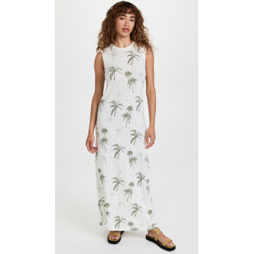 竹节纹棕榈印花短袖长连衣裙