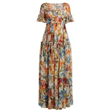 Floral-print ruffle-trimmed gown